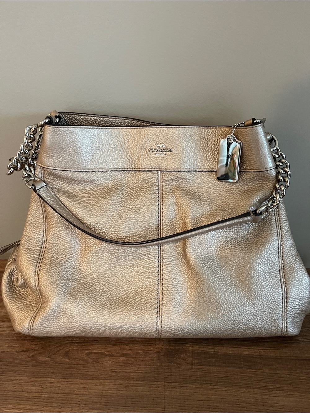 Coach Metallic Champagne Leather Shoulder Bag with Chain Strap